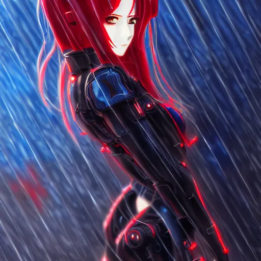 Prompt: seductive female cyborg, in the rain, highly detailed, painting, dark red, azure blue and black color palette, intricate, high quality anime artstyle, in the style of sana takeda