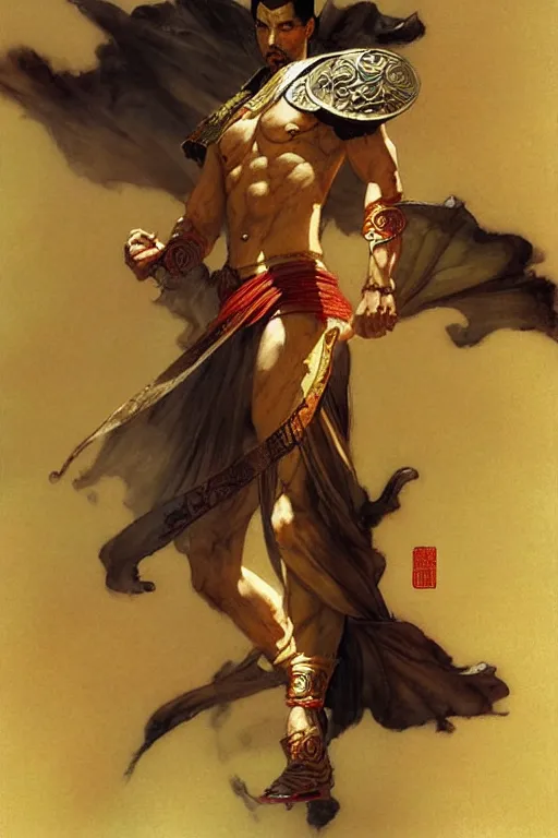 Image similar to wuxia, male, character design, ancient china, colorful, painting by gaston bussiere, craig mullins, j. c. leyendecker, tom of finland