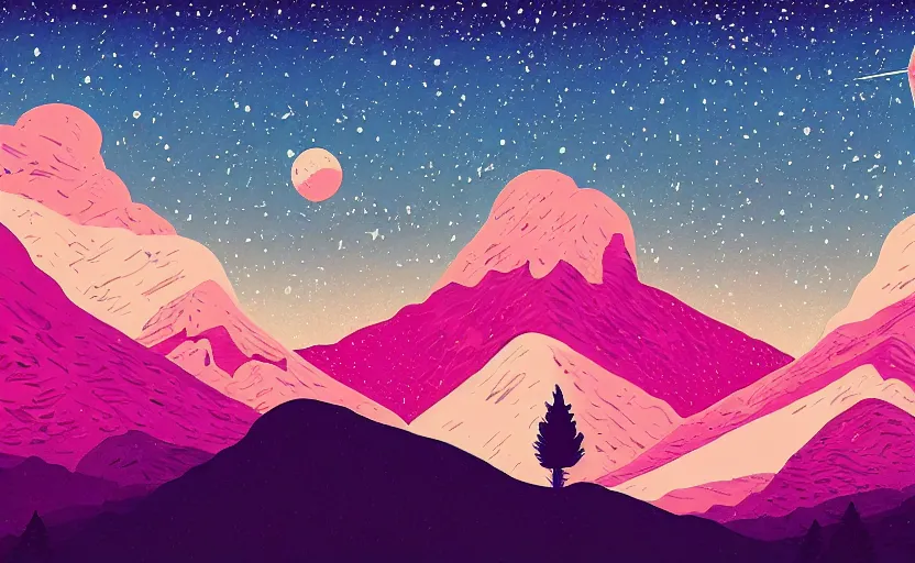 Prompt: mountains, stars and paisley filled sky, artstation, intricate, highly detailed, digital painting, concept art, sharp focus, illustration by Tom Whalen and James Gilleard