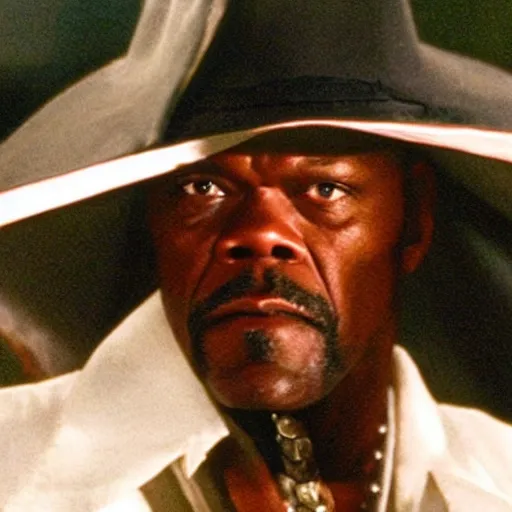 Prompt: a film still of Samuel L. Jackson dressed as a Pimp in a 1970s Blaxploitation film, 40mm lens, shallow depth of field, split lighting, cinematic