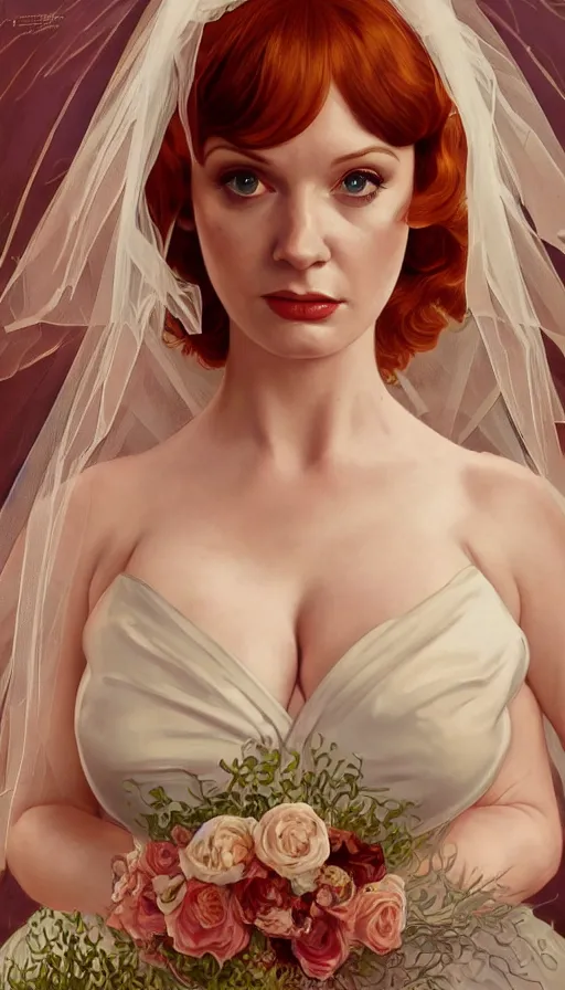 Prompt: Angel, perfectly-centered-painting of young Christina Hendricks in Mad Men in a bride dress, sweaty, dynamic action pose, insane, intricate, highly detailed, digital painting, artstation, concept art, smooth, sharp focus, illustration, Unreal Engine 5, 8K, art by artgerm and greg rutkowski and alphonse mucha