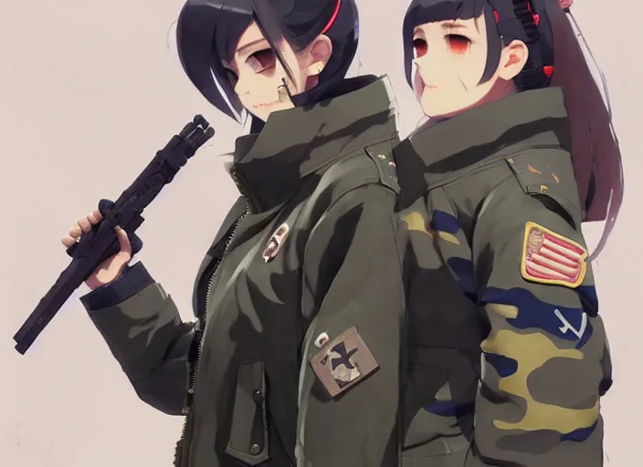 Image similar to soldier girl, wearing big bomber jacket with military gear, big bomber jacket with camo patterns, gapmoe yandere grimdark, trending on pixiv fanbox, painted by greg rutkowski makoto shinkai takashi takeuchi studio ghibli, akihiko yoshida, gta 5