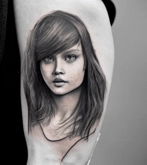 Image similar to a beautiful girl portrait, faded mountain background, realism tattoo, in the style of den yakovlev, black and white, hyper realistic, highly detailed