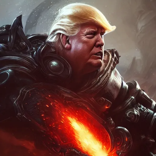 Image similar to Portrait of Trump, League of Legends amazing splashscreen artwork, Gears of War, splash art,natural light, elegant, intricate, fantasy, detailed face, atmospheric lighting, by Greg rutkowski, league of legends splash art, hd wallpaper, ultra high details