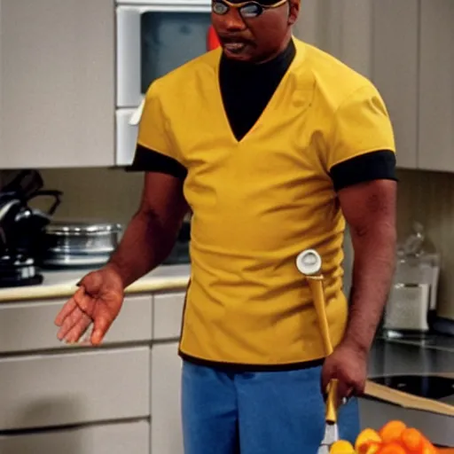 Image similar to Geordi LaForge wearing visor and a colander and random kitchen tools on his head