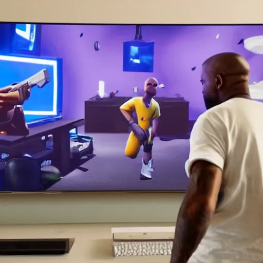 Prompt: kanye west and walter white gaming, playing fortnite on the tv