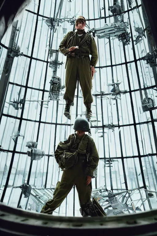 Image similar to kodak portra 5 0 mm f 4 full body portrait photography of a wwii airborne infantry soldier who's a mix of gillian anderson and adam driver, looking exhausted, setting is inside a sci fi megastructure tower looking out a window, photo by erwin olaf