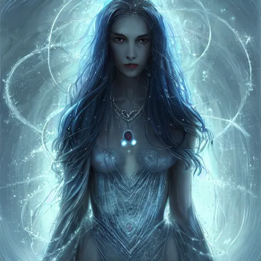 Image similar to masterpiece portrait of a beautiful mage woman, ice spell, 3 0 years woman, soft realistic thin appealing face, light eyes, black dynamic hair, wearing silver diadem, blue gems inlays, silver necklace, digital painting by wlop, luis royo, atmospheric effects, chaotic blue sparks dynamics background, intricate, artstation, fantasy