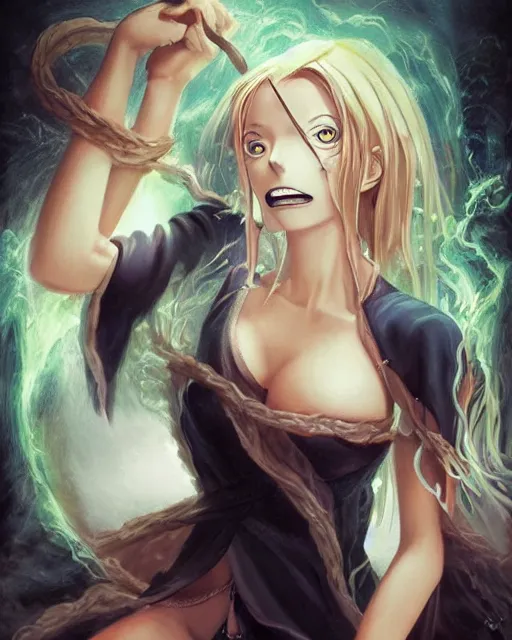 Prompt: beautiful portrait of a Witch who looks like Nami from the One Piece anime character design by Mark Brooks and Brad Kunkle detailed, soft lighting