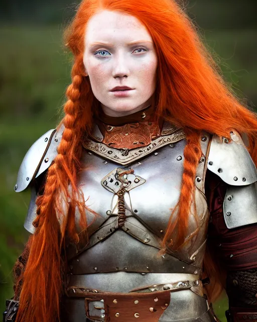 Image similar to north adult female warrior, red hair, ginger hair, long hair, fantasy, female Viking, high detailed, photography, cloudy, lightweight leather armour, Scandinavia, plain, detailed face, beautiful face, beautiful girl, look into the distance, professional model, glowing skin, serious face, full body,in full growth, professional photographer, masterpiece, 50 mm, 8k, 3D