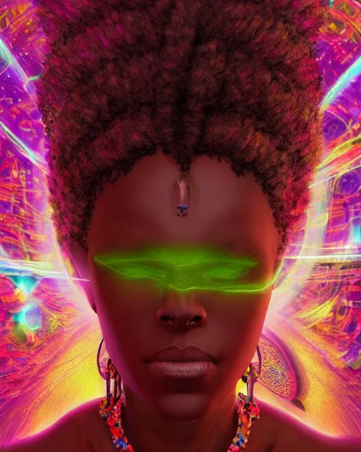 Image similar to a powerful energy psychedelic matrix african woman, by alexander fedosav, hyper detailed digital matte painting, concept art, hyperrealism, 1 6 k resolution, cinema 4 d, 8 k resolution, trending on artstation, behance hd, a masterpiece, by stephan martiniere, particles, cel - shaded, power bright neon energy, by david a. hardy,