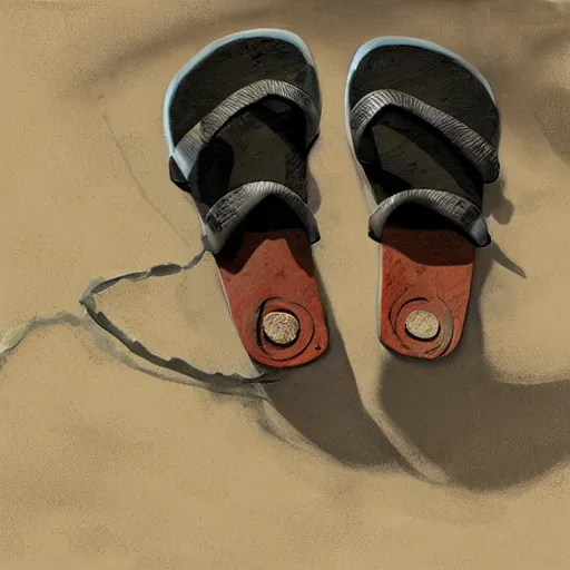 Image similar to a concept art of a well used flip flops for walking in the mountain, by Craig mullins, Steve Purcell, Ralph McQuarrie