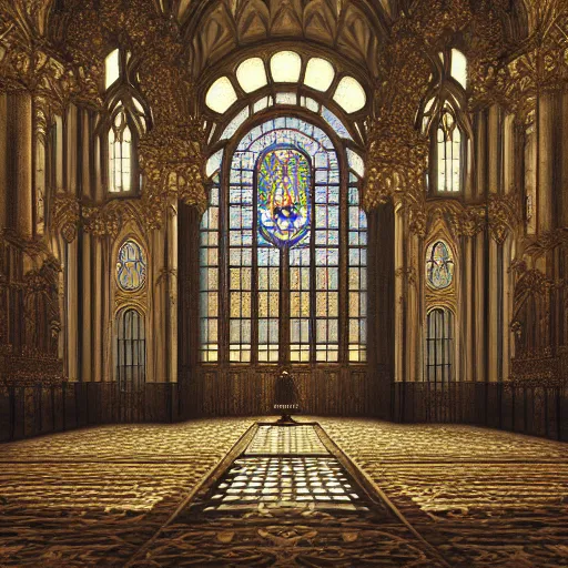 Prompt: Digital art of the opulent ornate throne room Imperial matte finish, ominous dramatic wide angle, god rays stained glass Marc Simonetti Peter Zumthor