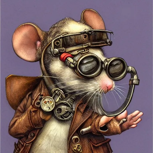 Image similar to a rat with steampunk googles, by James Gurney