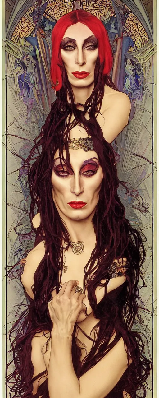 Image similar to striking sensual colorful art nouveau style portrait of anjelica huston as an industrial leatherpunk rebel commander by glenn fabry, simon bisley and alphonse mucha, photorealism, extremely hyperdetailed, perfect symmetrical facial features, perfect anatomy, ornate declotage, spikes, latex, excited expression, wild eyes