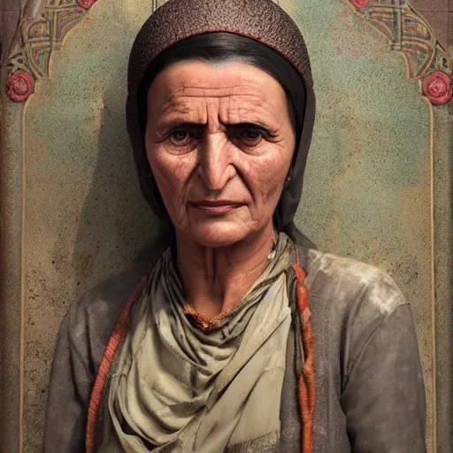 Image similar to hyperrealistic mixed media high resolution image of a Kurdish grandmother, stunning 3d render inspired art by István Sándorfi and Greg Rutkowski and Unreal Engine, perfect symmetry, dim volumetric lighting, 8k octane beautifully detailed render, post-processing, extremely hyper-detailed, intricate, epic composition, highly detailed attributes, highly detailed atmosphere, full body shot, cinematic lighting, masterpiece, trending on artstation, very very detailed, masterpiece, stunning, flawless structure, lifelike texture, perfection,