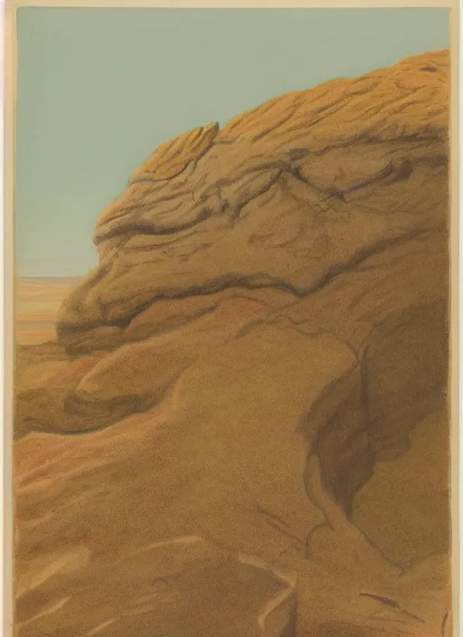 Image similar to Colored lithographed view of a rock formation carved by the wind and sand, surrounded by sparse vegetation, Smithsonian American Art Museum