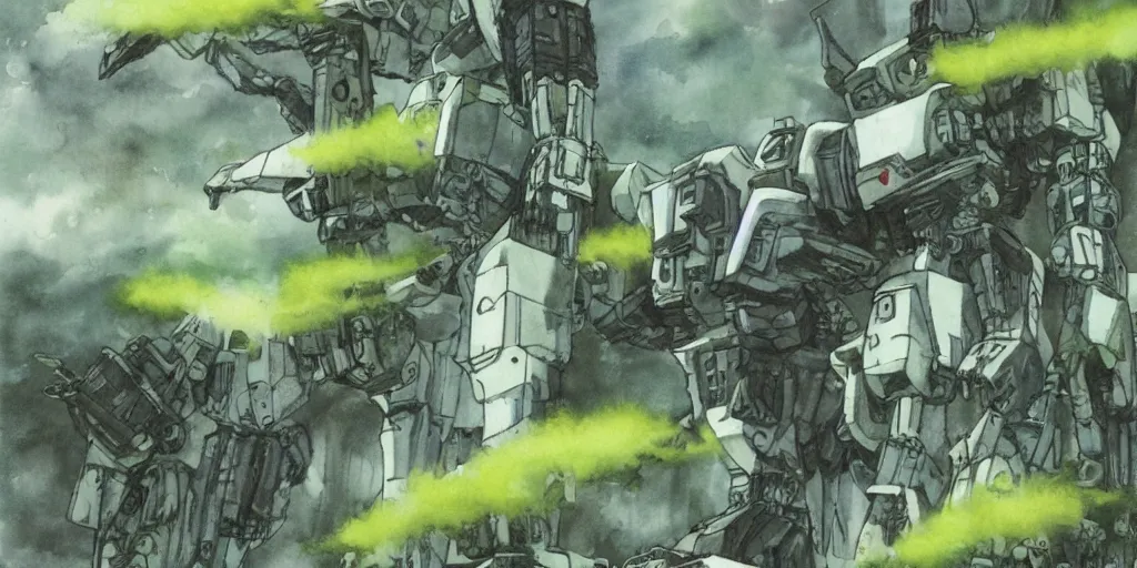 Prompt: Abandoned mecha overgrown with moss, oppressive atmosphere, low contrast, cloudy, Hideaki Anno, watercolor, Patlabor, Gunbuster