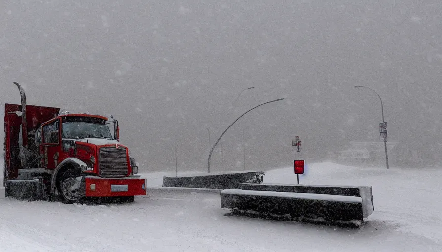 Image similar to Heavy Snow falls on a Snowplow parked in a winter landscape, a blizzard and thick snow, mist and fog, concept art, highly detailed