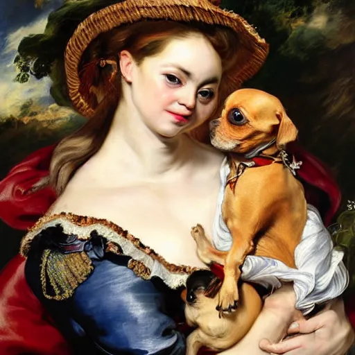 Prompt: heavenly summer sharp land sphere scallop well dressed lady holding little chihuahua in her arms, auslese, by peter paul rubens and eugene delacroix and karol bak, hyperrealism, digital illustration, fauvist, holding little chihuahua in her arms