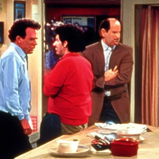 Image similar to mr krabs guest starring on seinfeld, film still