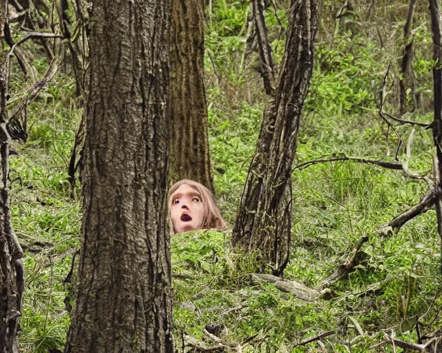 Image similar to for a few frames, you can see the face of her dead sister hidden in the trees