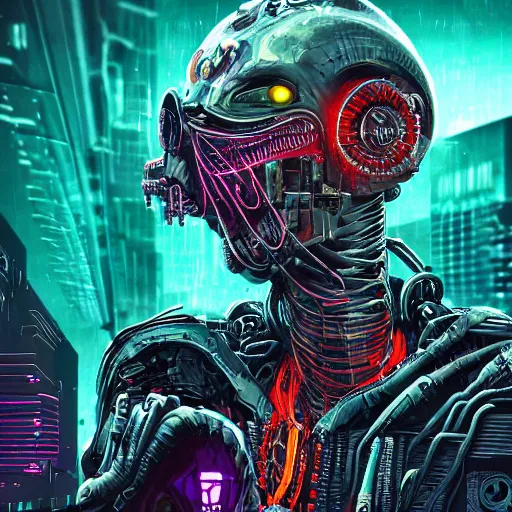 Prompt: cyberpunk demon alien robot, cyberpunk, dark cyberpunk illustration, lots of detail, colorful, vibrant, impressionism, ominous, maximalist, abomination, extremely detailed, lots of wires, close - up, 8 k, realistic