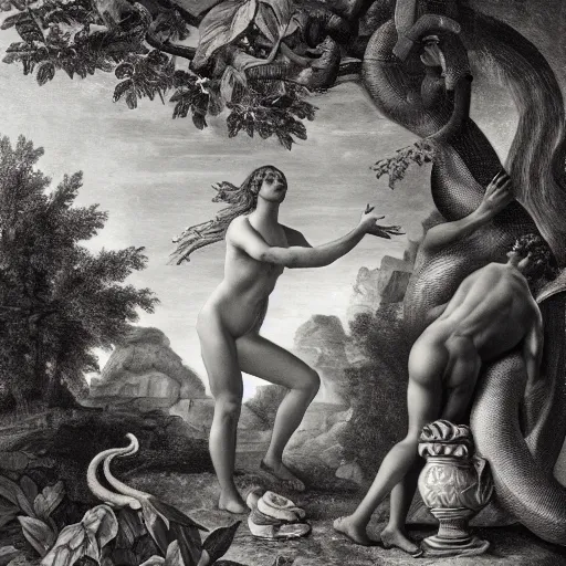 Prompt: Eve reaching up for an apple in the Garden of Eden while a snake watches from the shadows, 8k high detail, photograph