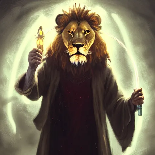 Image similar to an anthropomorphic half lion half human wizard holding a glowimg magical wand,wizard,fantasy art,digital art,art by greg rutkowski,realiatic,photorealistic,hyperdetailed,detailed face,professional lighting,mysterious