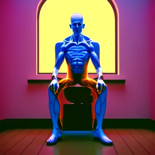 Image similar to Digital art High detailed Dr.Manhattan in Ukrainian village house by Taras Shevchenko, siting on a toilet, photorealism, by Beeple,8K,Pentax 67, Kodak Portra 400, rendered in Octane render