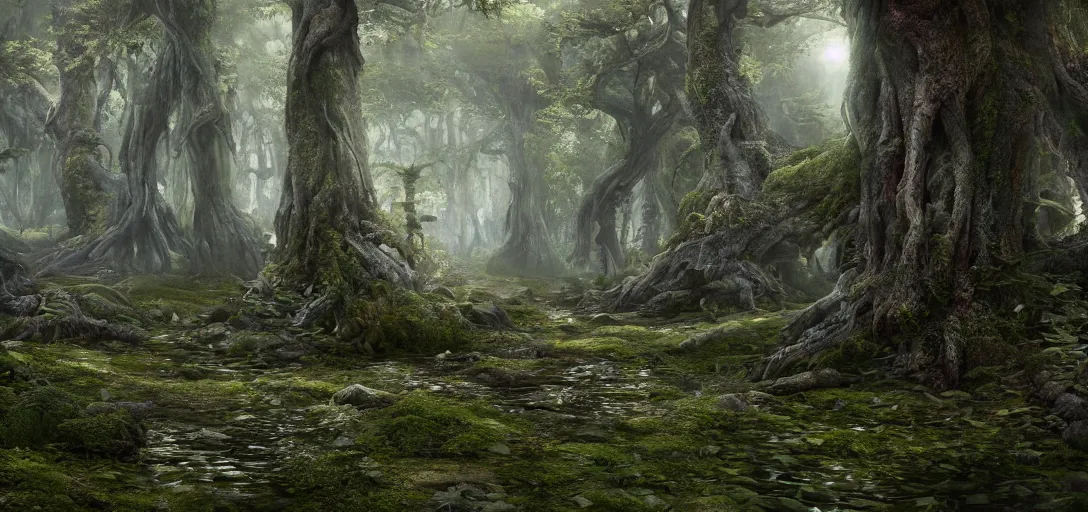 Image similar to A beautiful hyper realistic ultra detailed lifelike matte painting of a dark fantasy forest, unreal engine, deviantart, flickr, artstation, octane render, textured, colorful, extreme realistic detail, physically based rendering, pbr render, very detailed, volumetric lighting, detailed lighting, octane render, 4k, cinematic lighting, 8k resolution