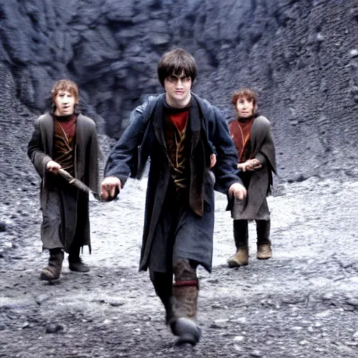 Prompt: daniel radcliffe as harry potter walking, in mordor from lord of the rings