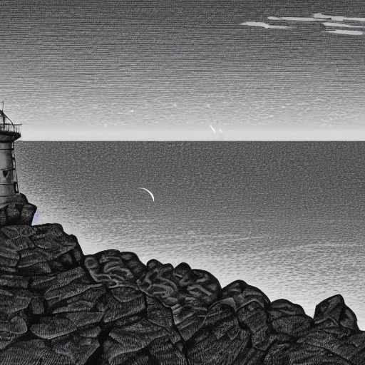 Prompt: line art of a lighthouse on some rocks as seen by ships