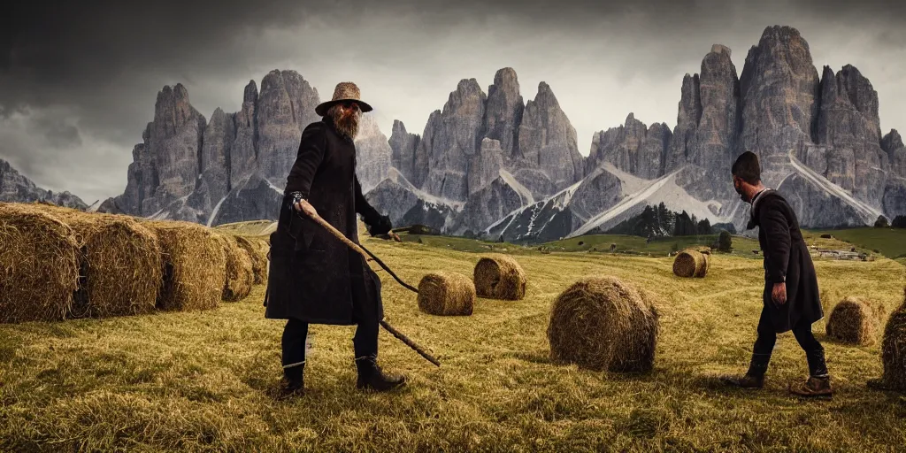 Image similar to alpine farmer transforming into hay monsters ,roots and hay coat, dolomites in background, dark, eerie, despair, portrait photography, artstation, highly detailed, sharp focus, by cronneberg