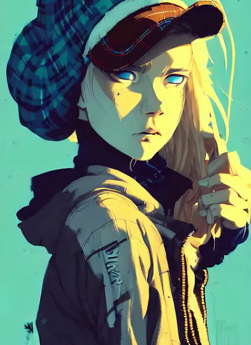 Image similar to highly detailed portrait of a sewer punk lady student, blue eyes, tartan hoody, hat, white hair by atey ghailan, by greg rutkowski, by greg tocchini, by james gilleard, by joe fenton, by kaethe butcher, gradient yellow, black, brown and cyan color scheme, grunge aesthetic!!! ( ( graffiti tag wall background ) )