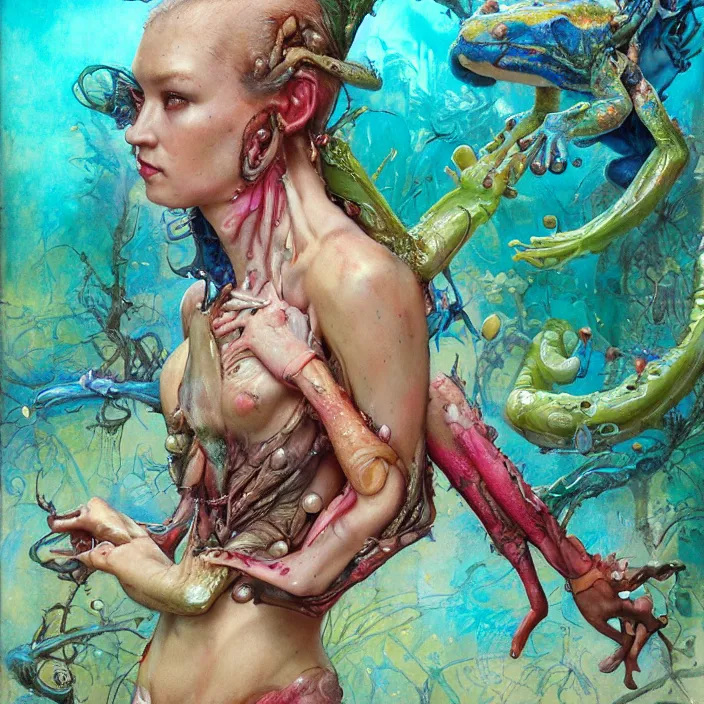 Prompt: a portrait photograph of a beautiful brightly colored amphibian female with wet mutated skin. she wearing a tactical suit and has many body modifications. by tom bagshaw, donato giancola, hans holbein, walton ford, gaston bussiere, brian froud, peter mohrbacher and magali villeneuve. 8 k, fashion editorial, cgsociety