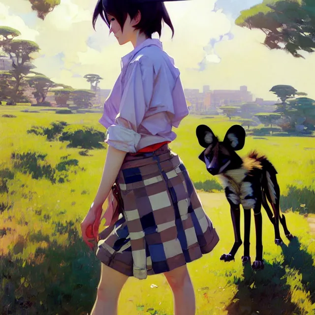 Image similar to a female character inspired by an african wild dog, flannel shirt and shorts, short hair, basic background, krenz cushart, mucha, ghibli, by joaquin sorolla rhads leyendecker, by ohara koson