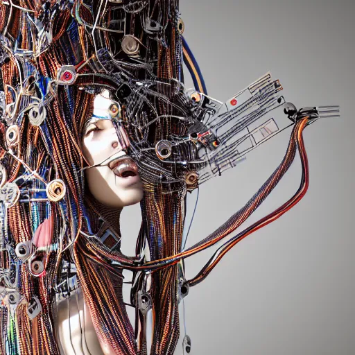 Image similar to subtle background, piles of modular synth cables, goddess reaching out hand wearing a headpiece made of circuit boards in a photo shoot for balenziaga, wlop, stanley kubrick, masamune, hideki anno, unique perspective, eastman color, perfect details, trending on artstation, 3 d render, smooth render