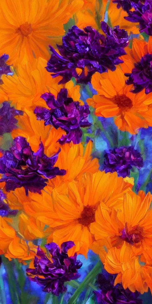 Prompt: a beautiful image of flowers, close up, detail, oil painting, orange, blue & magenta shadows, Jacob van Huysum, very detailed, trending on artstation