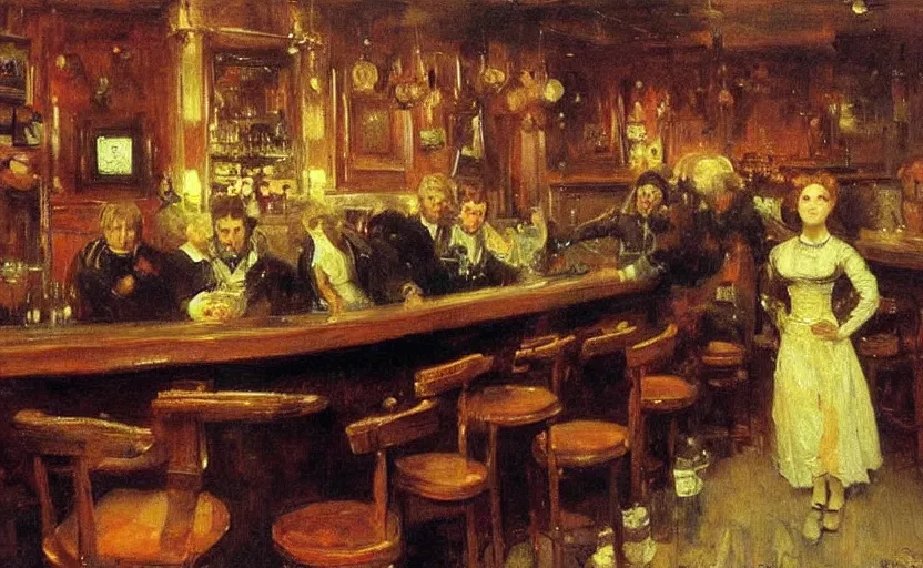 Image similar to high quality high detail painting by ilya repin, giant squid in a bar, hd