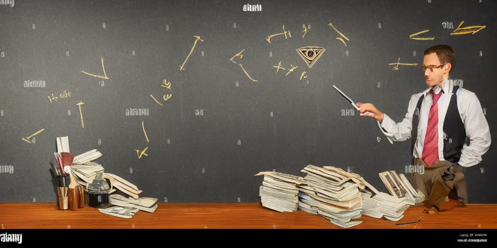 Image similar to male accountant examining the mysteries of tarot cards on a blackboard, background is chalk and blackboard, matte painting, high quality