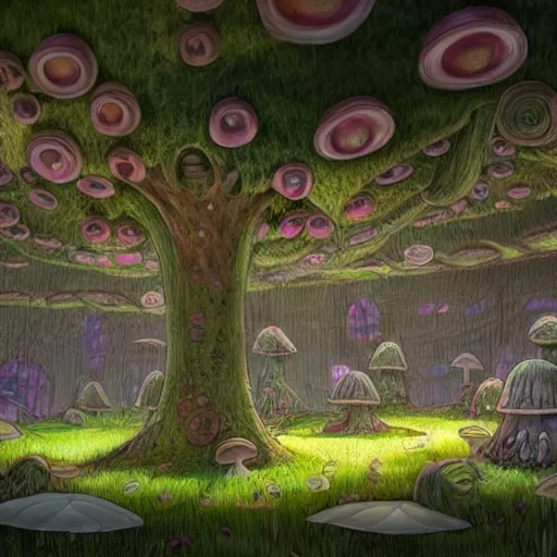 Prompt: concept art painting of a interior of a circular fantasy fungus house made of mushrooms, with black vines, realistic, detailed, cel shaded, magenta and gray, dark, in the style of makoto shinkai and greg rutkowski and james gurney