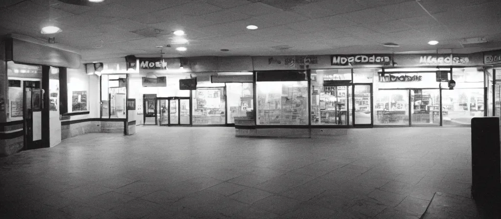 Image similar to circa 2 0 0 2 1 3 mm film photograph of an empty mcdonalds, liminal, dark, flash on, blurry, grainy, unsettling