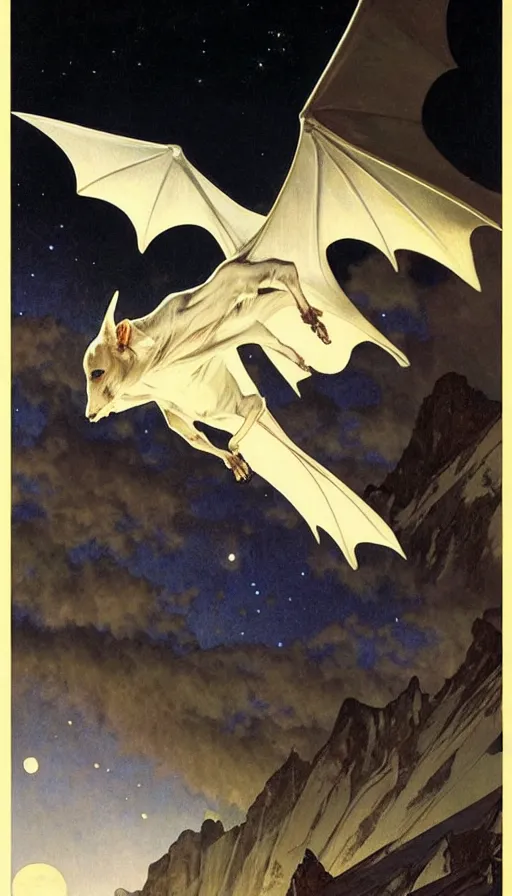 Prompt: hyper realistic white bat, flying against a dark black night sky, mountain in the background, moonlight, denoised, very detailed, painted by, alphonso mucha, norman rockwell, tom bagshaw