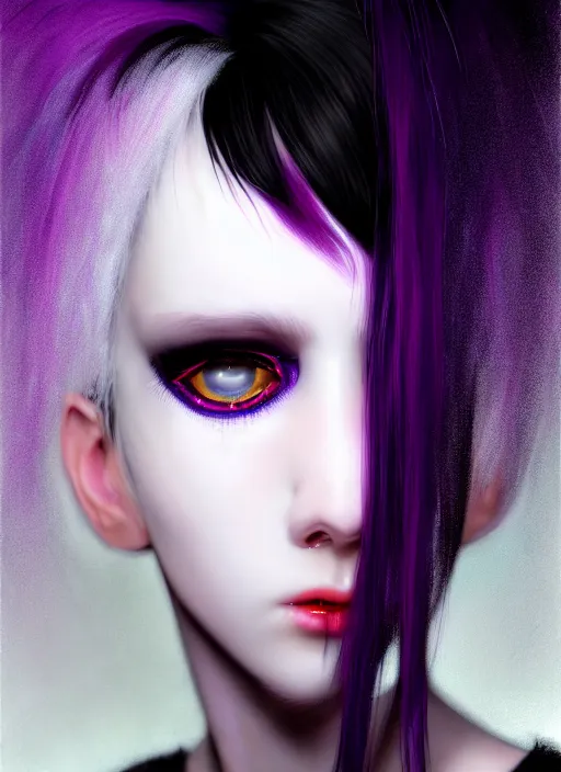 Image similar to whitebangs, black hair, black cyberlox, portrait of normal teenage girl, normal face, white bangs, fluffy bangs, cyberlox, whitebangs, red contact lenses, purple background, intricate, elegant, highly detailed, digital painting, artstation, concept art, sharp focus, smooth, illustration, art by wlop, mars ravelo and greg rutkowski