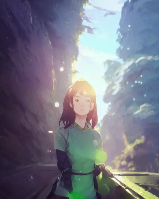 Image similar to a girl wearing a blue and green outfit that looks like earth, full shot, atmospheric lighting, detailed face, by makoto shinkai, stanley artgerm lau, wlop, rossdraws