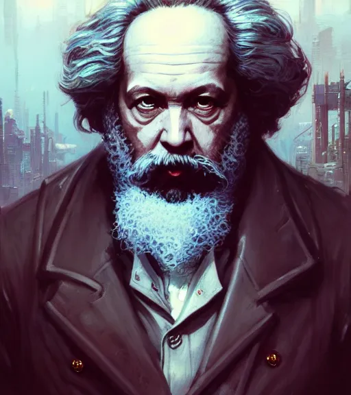 Prompt: highly detailed portrait of karl marx in cyberpunk, cyborg, stephen bliss, unreal engine, fantasy art by greg rutkowski, loish, rhads, ferdinand knab, makoto shinkai and lois van baarle, ilya kuvshinov, rossdraws, tom bagshaw, global illumination, radiant light, detailed and intricate environment