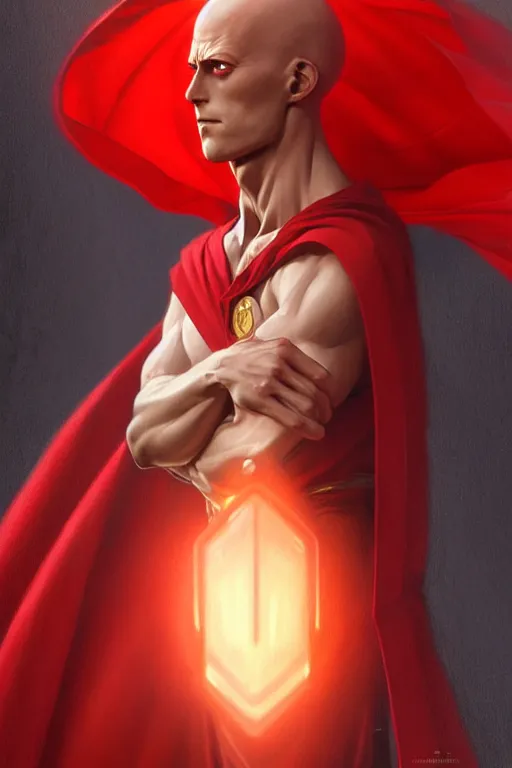 Prompt: ultra realistic illustration, handsome saitama. red cape, intricate, elegant, highly detailed, digital painting, artstation, concept art, smooth, sharp focus, illustration, art by artgerm and greg rutkowski and alphonse mucha and wlop