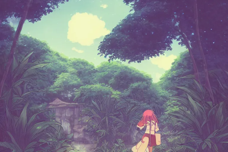 Image similar to anime woman walking, tropical island, night time, wide angle, by studio ghibli, yuumei, anime, hazy, foggy, ambient lighting, cottagecore,