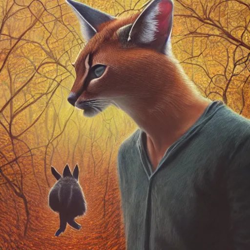 Prompt: Ryan Gosling holding a cute caracal in an autumn forest, by Aron Wiesenfeld and beksincki, cinematic, detailed illustration, nature, fog, dark colors, suspense, intricate, 8k